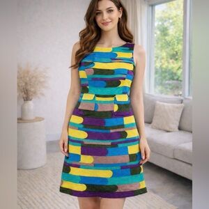 Tibi New York Silk Linen Pattern Mod Sleeveless Shift Dress